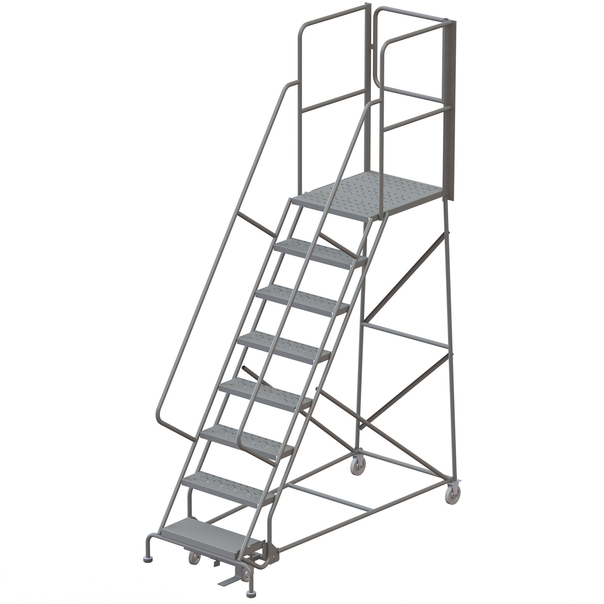 Tri-Arc 8-Step Steel Rolling Ladder with Perforated Steps and Rear Exit Gate, Gray, 24in.W x 30in.D Platform, 450-Lb. Capacity, Model# KDSR108246-XR
